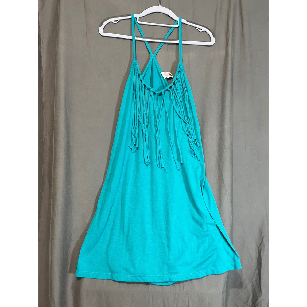 Ocean Pacific Womens Hot Teal Fringe Mini Dress Boho Summer Beach Coverup Medium